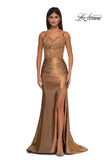Picture of: Ruched Satin Evening Dress with Sheer Lace Top and Scallop Neckline in Bronze , Style: 32689, Detail Picture 3