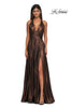 Picture of: A-line Metallic Net Jersey Halter Gown with High Slit in Bronze , Style: 32917, Detail Picture 5