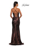 Picture of: Long Metallic Prom Dress with Ruching and Rhinestone Draped Neckline in Bronze , Style: 33032, Detail Picture 6