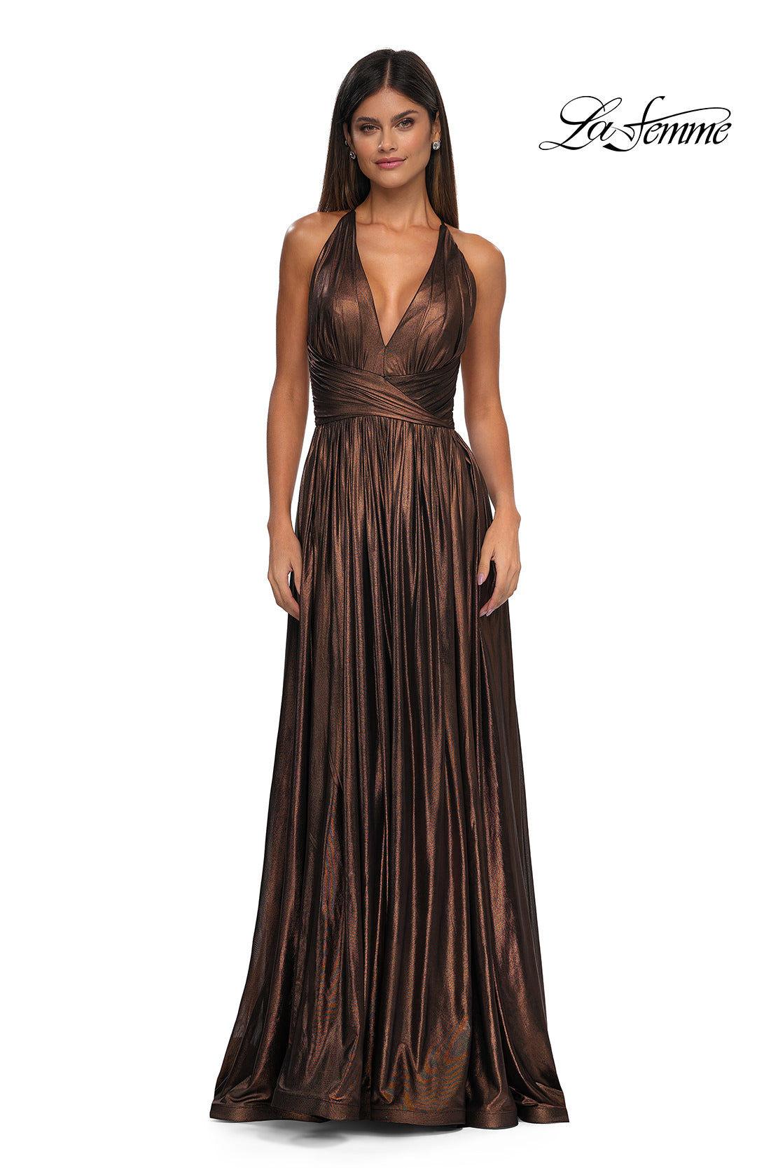 Picture of: A-line Metallic Net Jersey Halter Gown with High Slit in Bronze , Style: 32917, Detail Picture 7