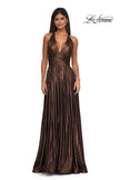 Picture of: A-line Metallic Net Jersey Halter Gown with High Slit in Bronze , Style: 32917, Detail Picture 7