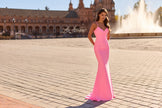 Picture of: Ruched Jersey Gown with Crisscross Open Back in Bubblegum Pink, Style: 33723, Detail Picture 11, Landscape