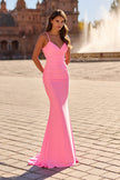 Picture of: Ruched Jersey Gown with Crisscross Open Back in Bubblegum Pink, Style: 33723, Detail Picture 2