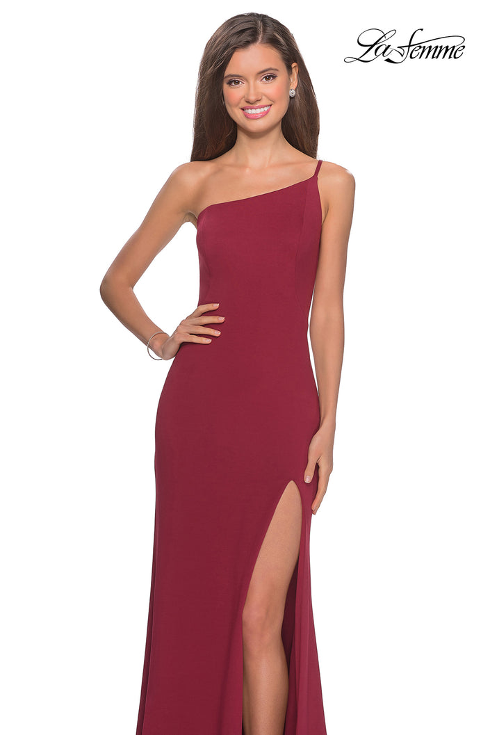 Picture of: One Shoulder Long Jersey Homecoming Dress in Burgundy, Style: 28176, Detail Picture 1