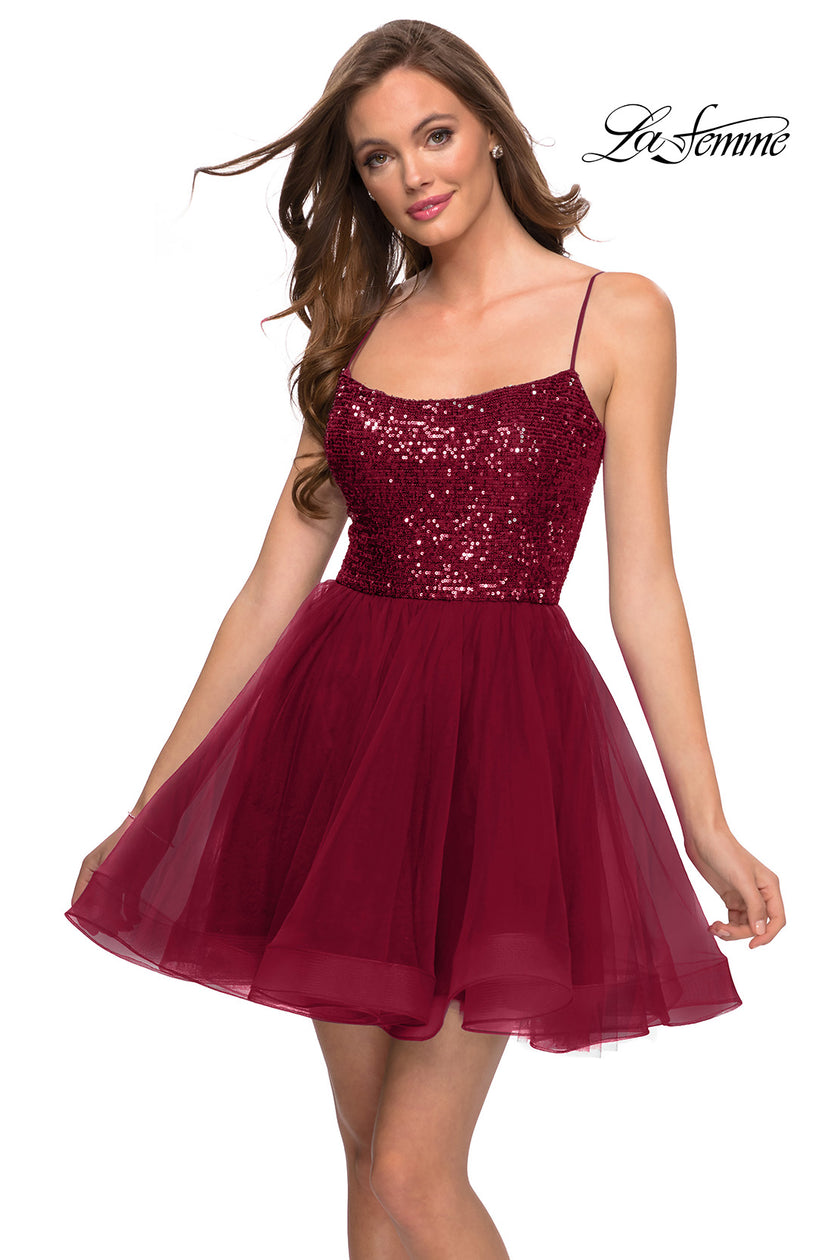 Picture of: Tulle and Sequin Short Party Dress with Corset Back in Burgundy, Style: 29237, Detail Picture 1