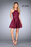 Picture of: Sheer Illusion Dress with Scattered Lace and Short Skirt in Burgundy, Style: 25202, Detail Picture 2