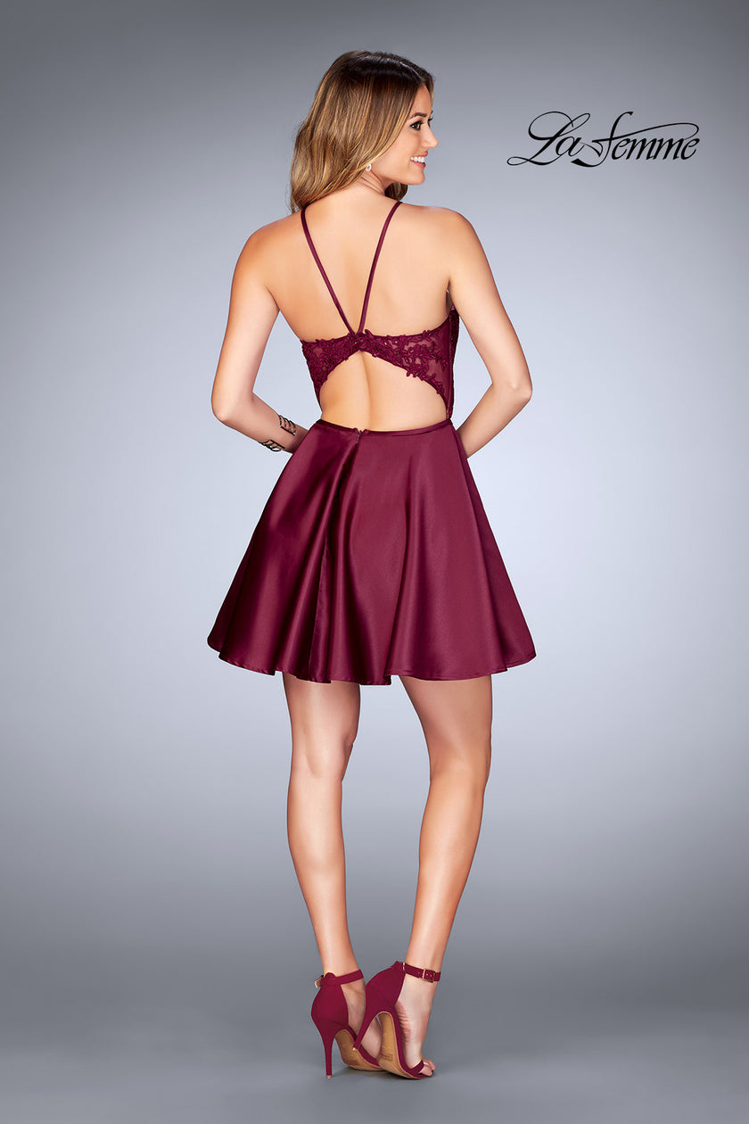 Picture of: Sheer Illusion Dress with Scattered Lace and Short Skirt in Burgundy, Style: 25202, Detail Picture 3