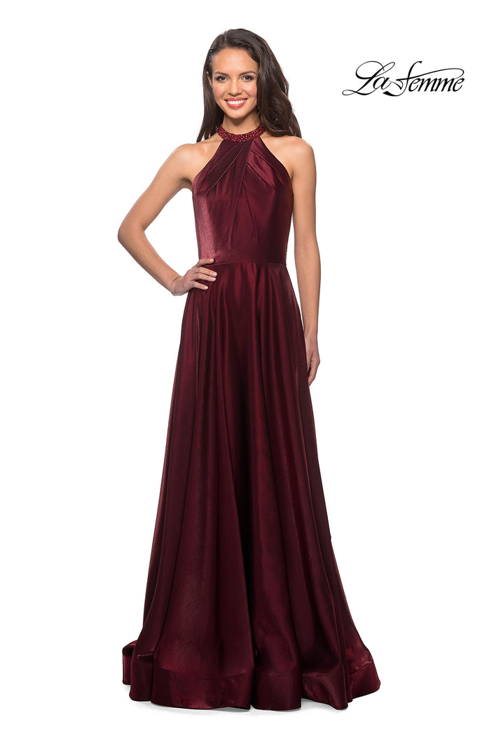 Picture of: Long Satin Gown with Embellished High Neckline in Burgundy, Style: 25576, Main Picture