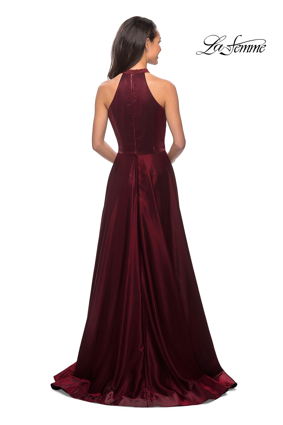 Picture of: Long Satin Gown with Embellished High Neckline in Burgundy, Style: 25576, Back Picture