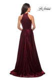 Picture of: Long Satin Gown with Embellished High Neckline in Burgundy, Style: 25576, Back Picture