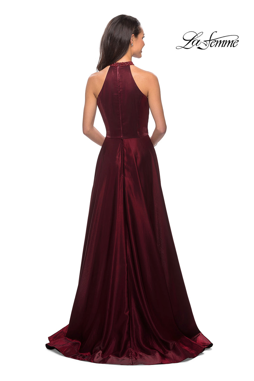 Picture of: Long Satin Gown with Embellished High Neckline in Burgundy, Style: 25576, Back Picture