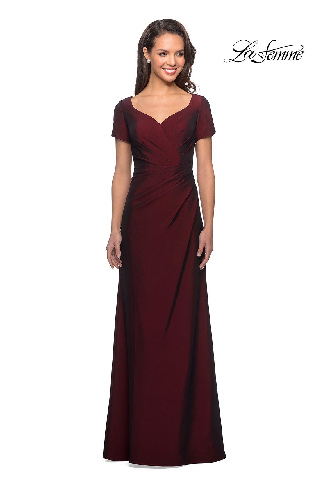 Picture of: Short Sleeve Floor Length Gown with Ruching in Burgundy, Style: 27855, Detail Picture 4