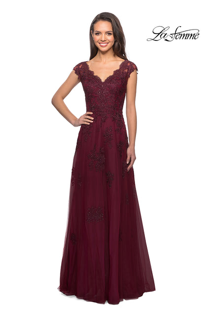 Picture of: Short Sleeve Lace Gown with Cascading Embellishments, Style: 26942, Detail Picture 5