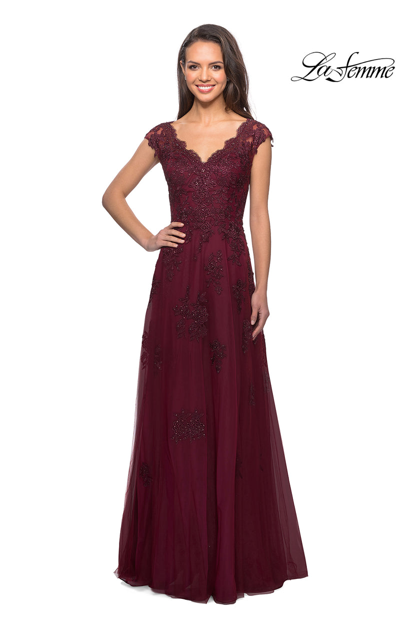 Picture of: Short Sleeve Lace Gown with Cascading Embellishments, Style: 26942, Detail Picture 5