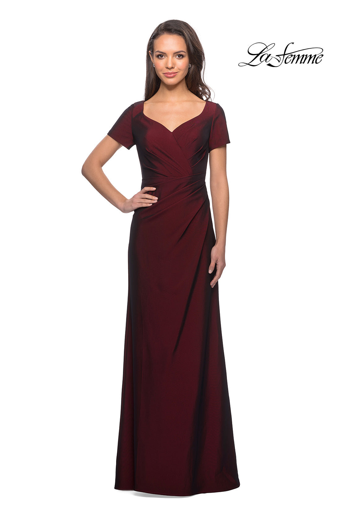 Picture of: Short Sleeve Floor Length Gown with Ruching with Burgundy, Style: 27855, Detail Picture 6