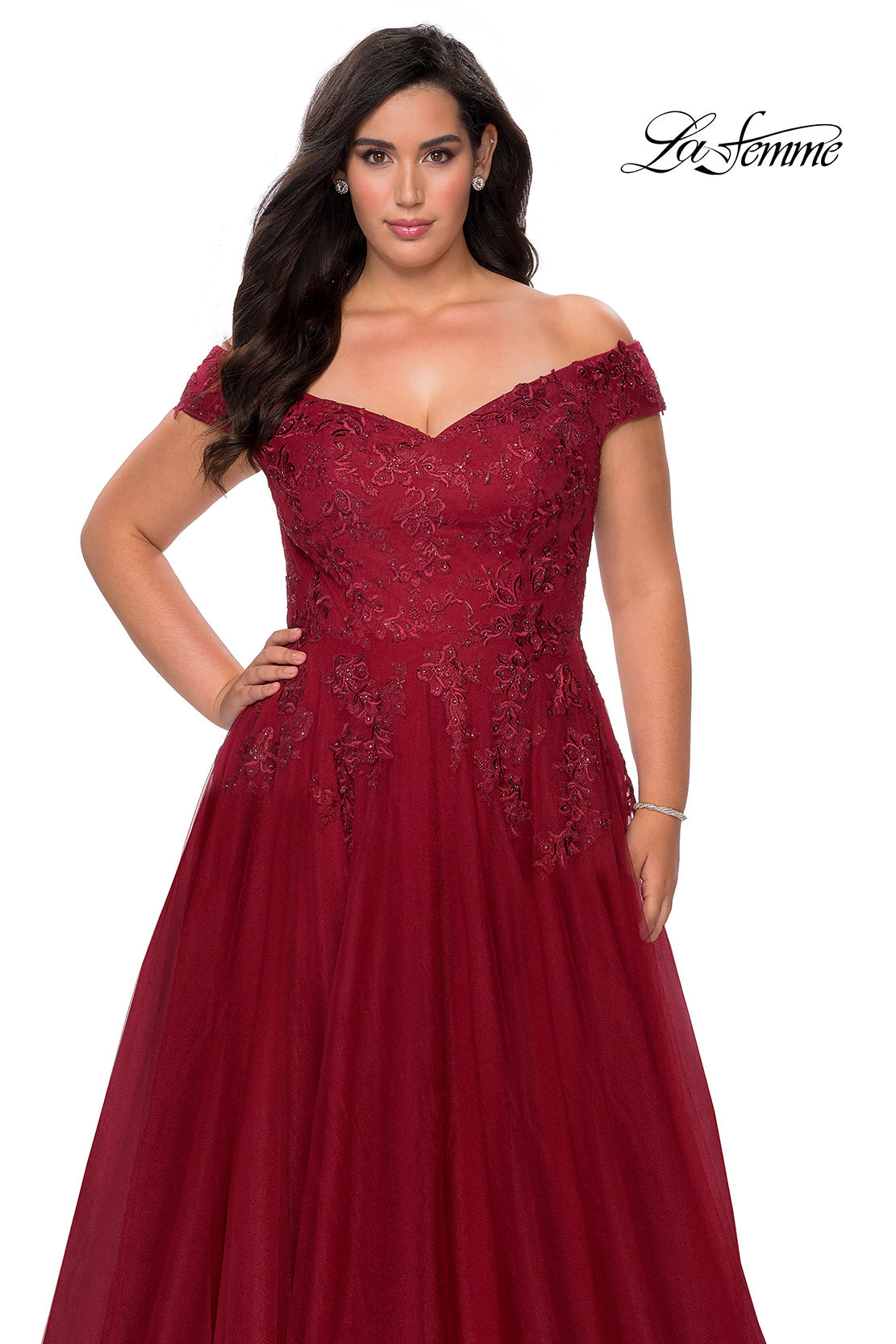 Picture of: Off The Shoulder Tulle Plus Size Gown with Lace in Burgundy, Style: 28950, Detail Picture 1