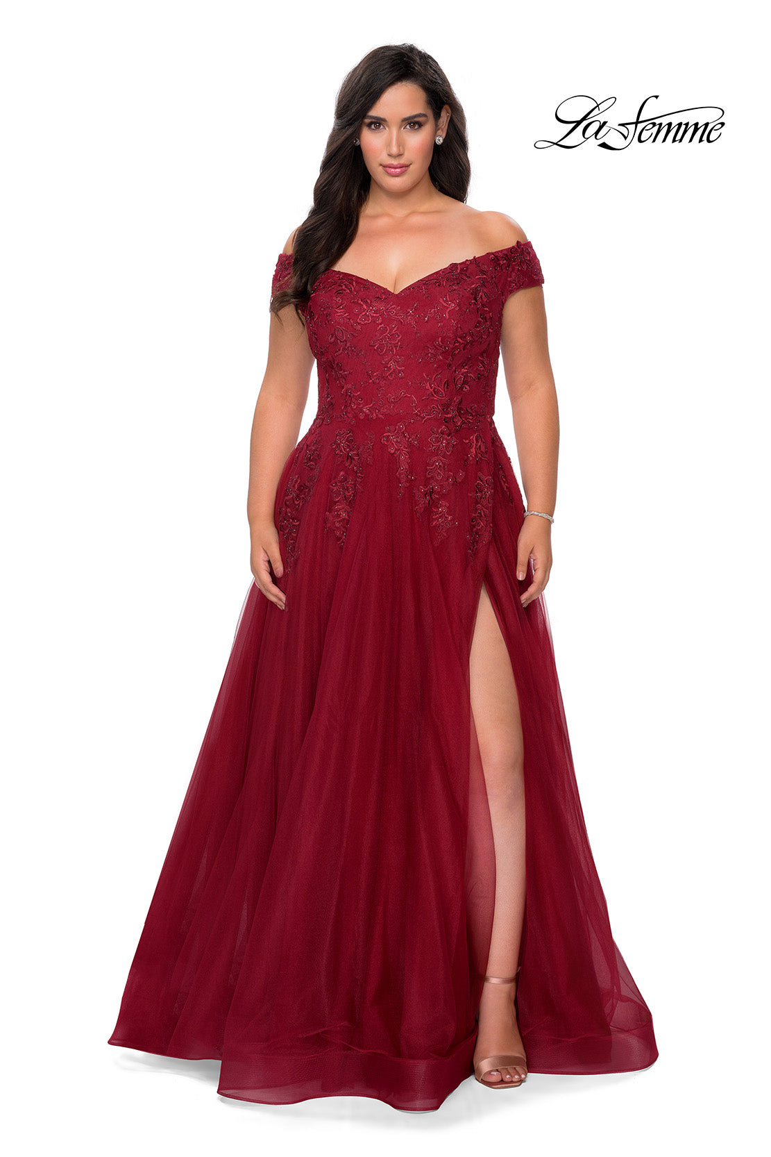 Picture of: Off The Shoulder Tulle Plus Size Gown with Lace in Burgundy, Style: 28950, Detail Picture 5