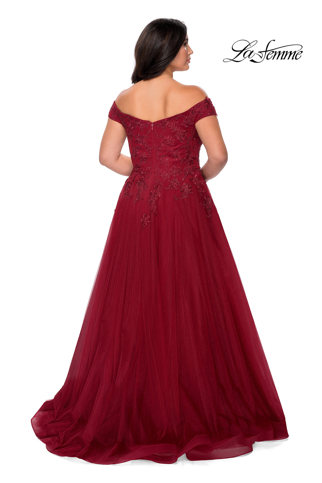 Picture of: Off The Shoulder Tulle Plus Size Gown with Lace in Burgundy, Style: 28950, Detail Picture 6