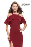 Picture of: Long Jersey Prom Dress with Off the Shoulder Ruffle Detail in Burgundy, Style: 25556, Main Picture