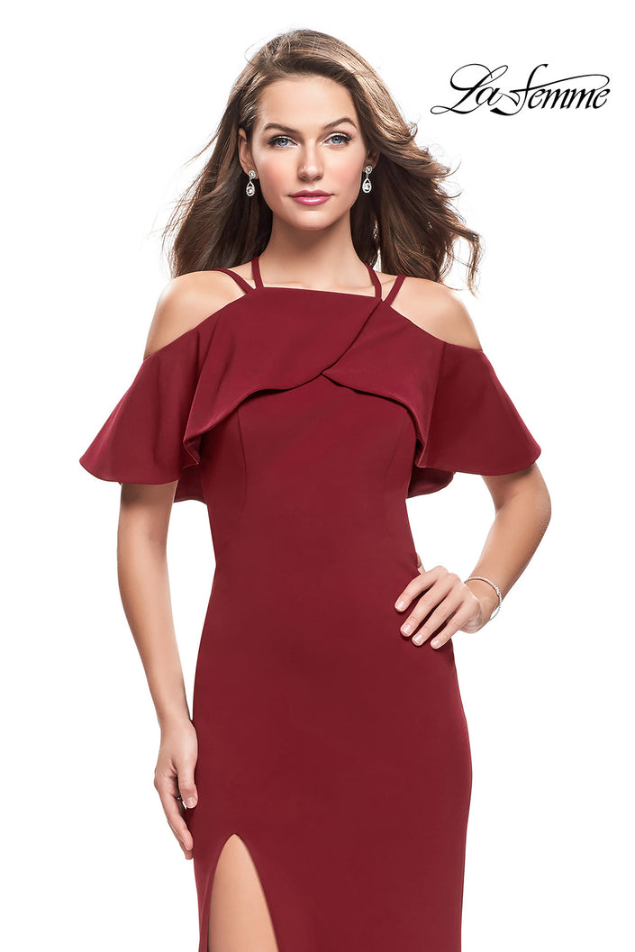 Picture of: Long Jersey Prom Dress with Off the Shoulder Ruffle Detail in Burgundy, Style: 25556, Main Picture