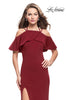 Picture of: Long Jersey Prom Dress with Off the Shoulder Ruffle Detail in Burgundy, Style: 25556, Main Picture