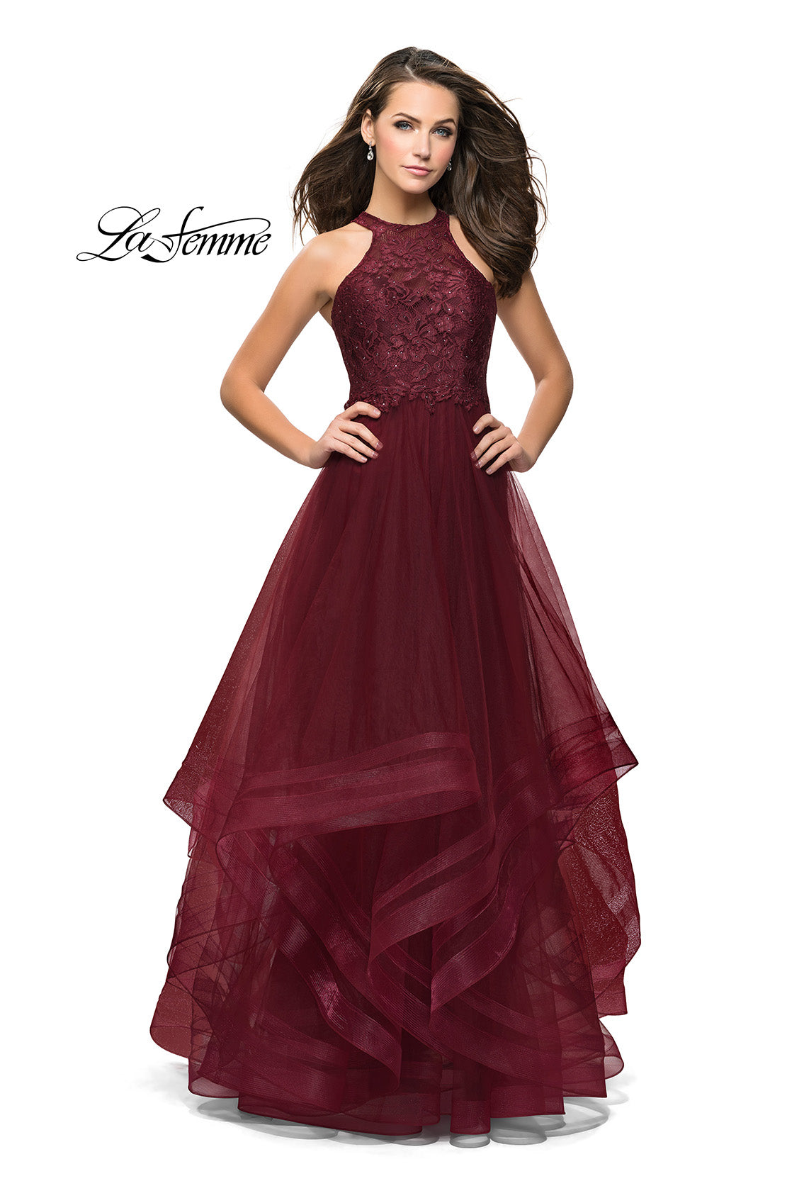 Picture of: Long Prom Ball Gown with Tulle Overlay and Beaded Top in Burgundy, Style: 25671, Main Picture