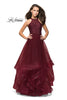 Picture of: Long Prom Ball Gown with Tulle Overlay and Beaded Top in Burgundy, Style: 25671, Main Picture