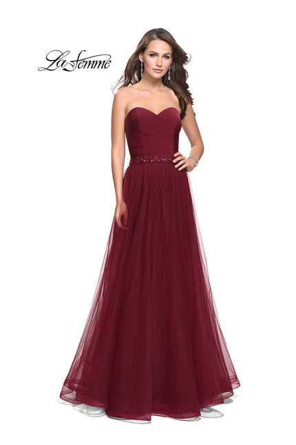 Picture of: Strapless A-line Ball Gown with Layered Tulle Skirt in Burgundy, Style: 25809, Main Picture