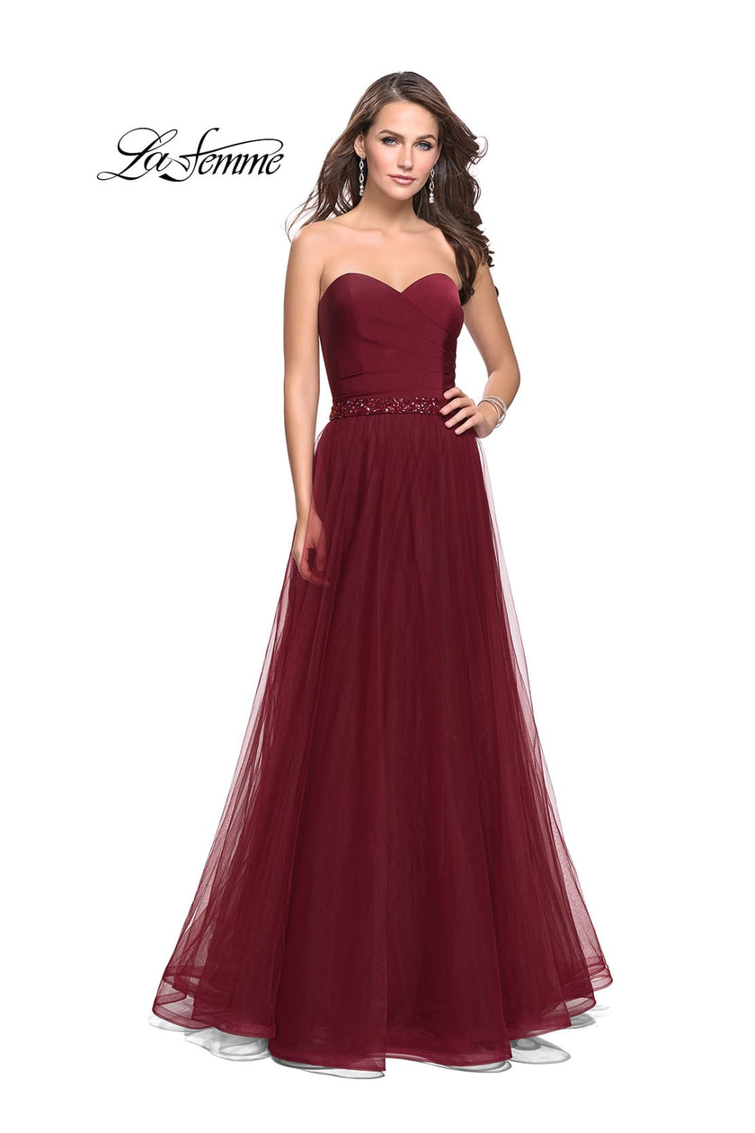 Picture of: Strapless A-line Ball Gown with Layered Tulle Skirt in Burgundy, Style: 25809, Main Picture
