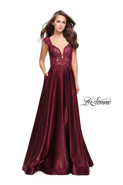 Picture of: A-Line Dress with Satin Skirt and Beaded Lace Bodice in Burgundy, Style: 25973, Main Picture