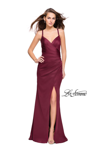 Picture of: Satin Prom Dress with Ruching and Open Strappy Back in Burgundy, Style: 26036, Main Picture