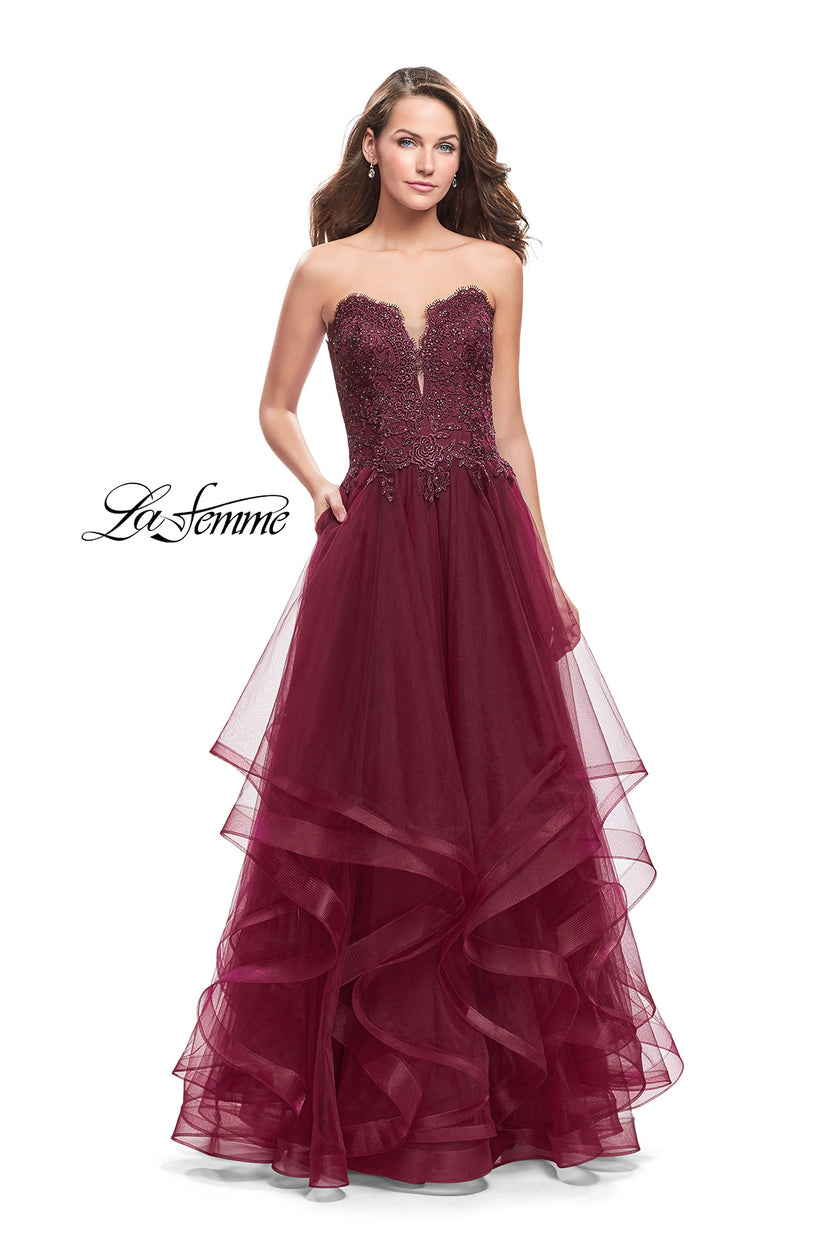 Picture of: Long Strapless Ball Gown with ruffle Tulle Skirt and Beads in Burgundy, Style: 26242, Main Picture