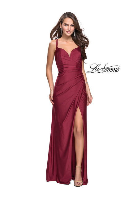 Picture of: Long Jersey Prom Dress with Ruching Side Wrap Detail in Burgundy, Style: 26317, Main Picture