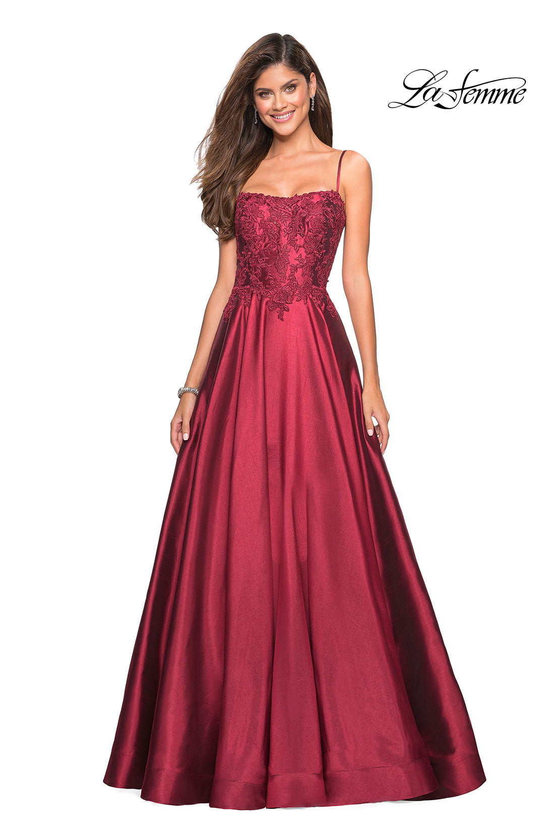 Picture of: Long Mikado Gown with Lace Bust and Open Back in Burgundy, Style: 27222, Main Picture