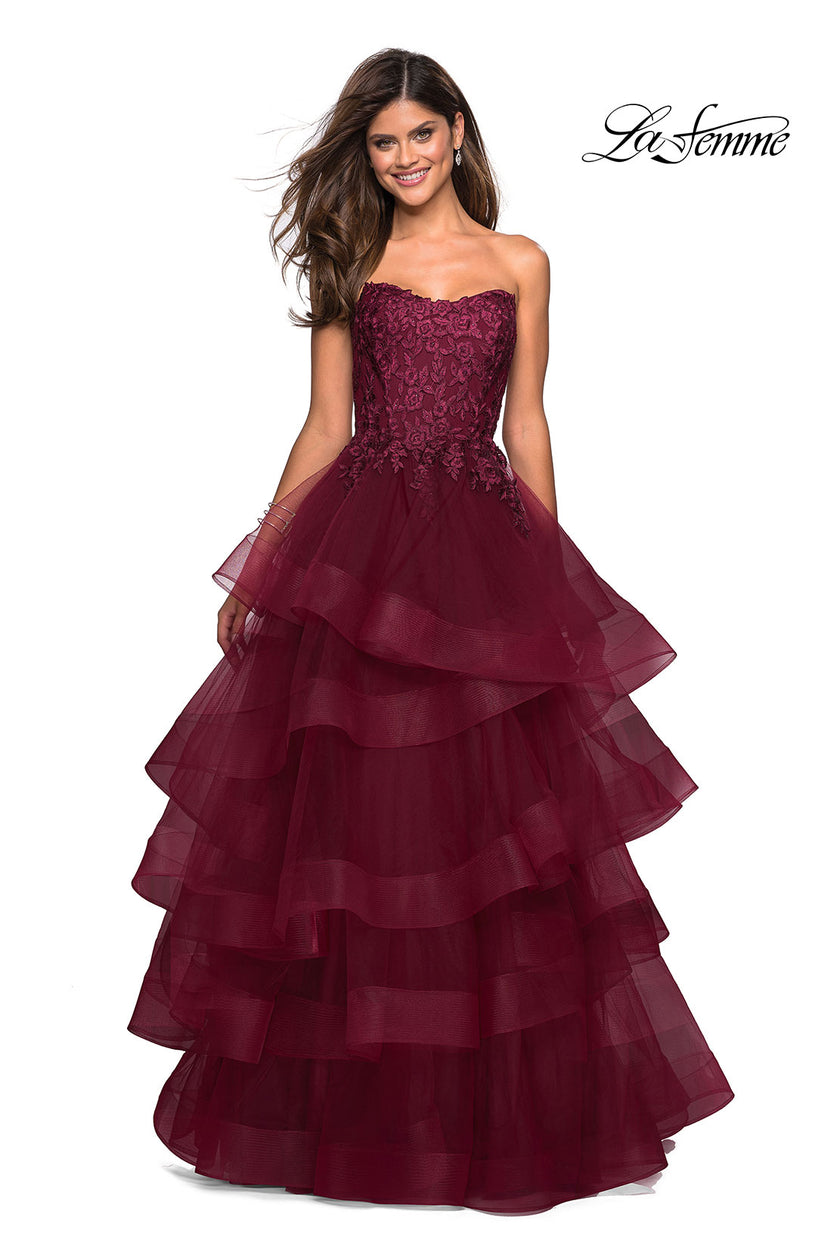 Picture of: Strapless Floor Length Layered Tulle Prom Gown in Burgundy, Style: 27291, Main Picture