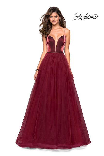 Picture of: Tulle evening Gown with Satin Bust and V Shaped Back in Burgundy, Style: 27485, Main Picture