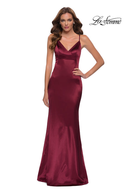 Picture of: Chic Long Stretch Satin Gown with V Neck and Back in Burgundy, Style 29960, Main Picture