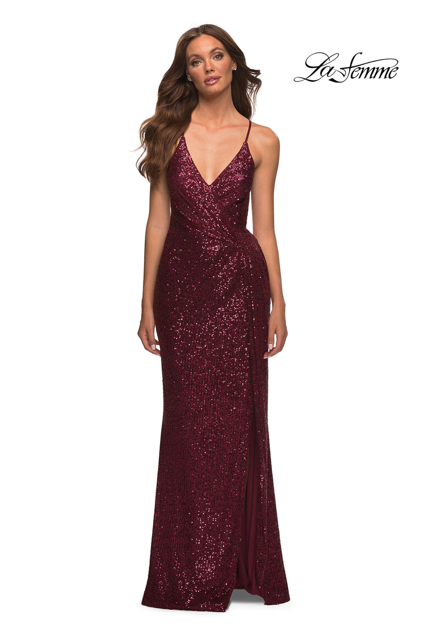 Picture of: Draped Slit Long Sequin Gown with Lace Up Back in Burgundy, Detail Picture 8