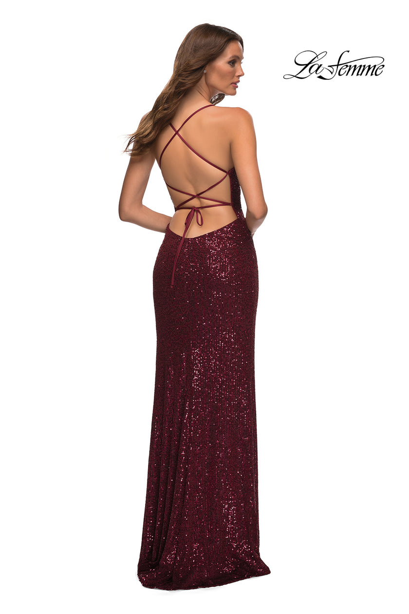 Picture of: Draped Slit Long Sequin Gown with Lace Up Back in Burgundy, Detail Picture 9