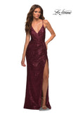 Picture of: Draped Slit Long Sequin Gown with Lace Up Back in Burgundy, Detail Picture 11