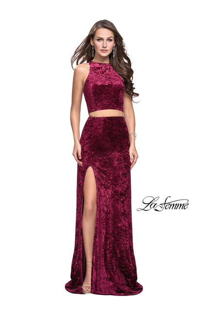 Picture of: Crush Velvet Two Piece Prom Dress with Slit in Burgundy, Style: 25431, Back Picture