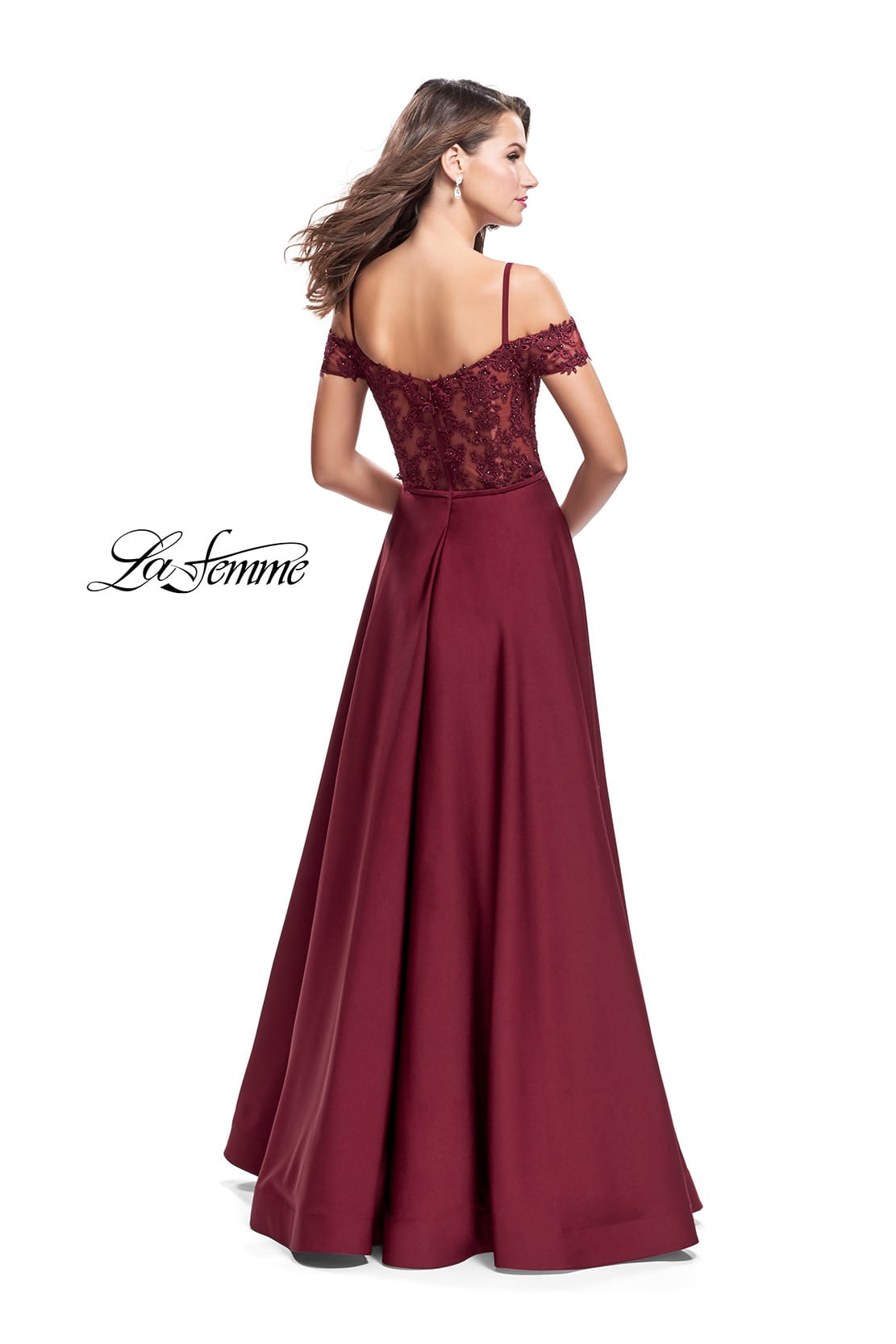 Picture of: Long A-line Prom Dress with Sheer Lace Beaded Bodice in Burgundy, Style: 25479, Back Picture