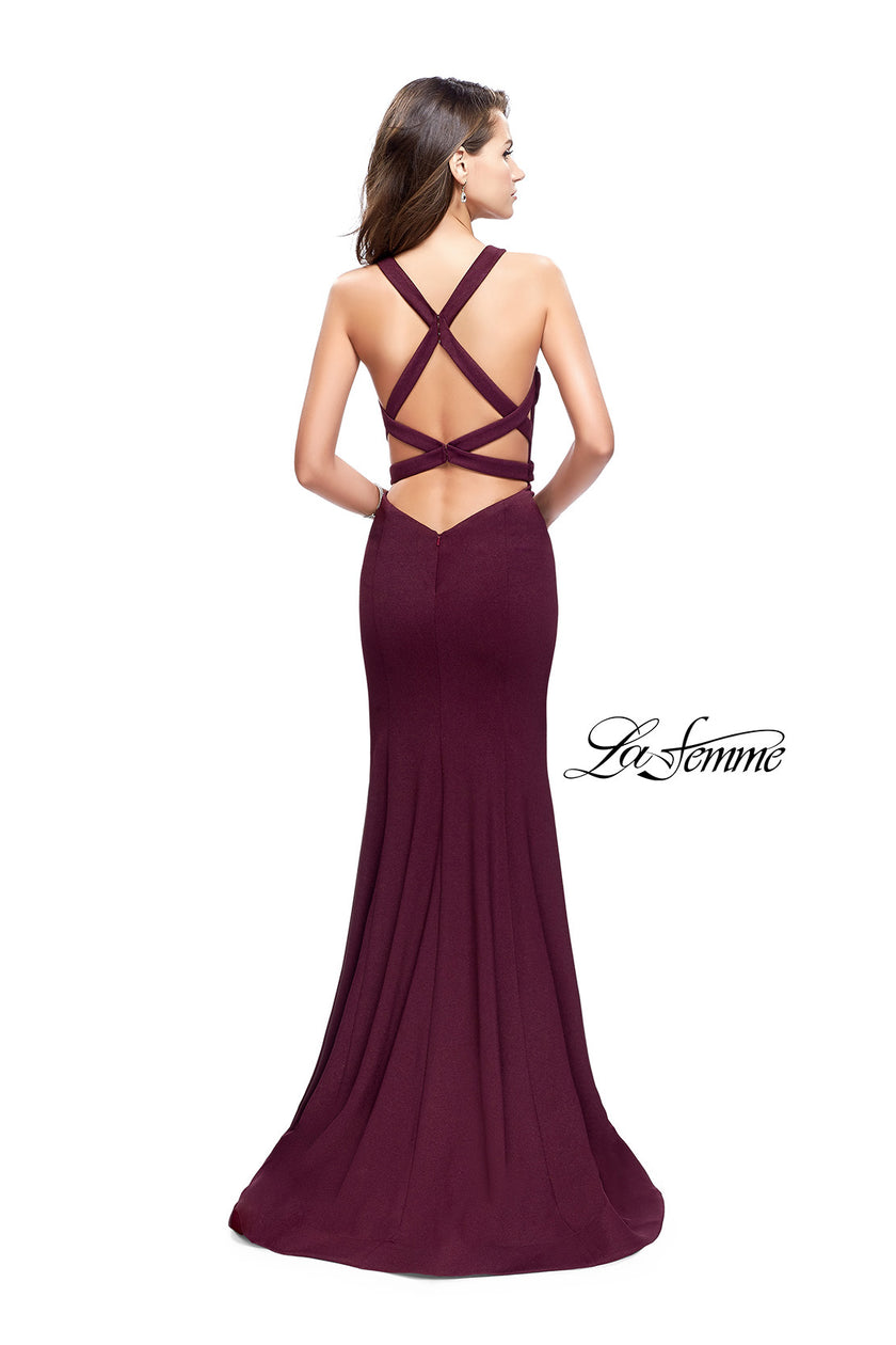 Picture of: Form Fitting Mermaid Prom Dress with Low V Open Back in Burgundy, Style: 25503, Back Picture