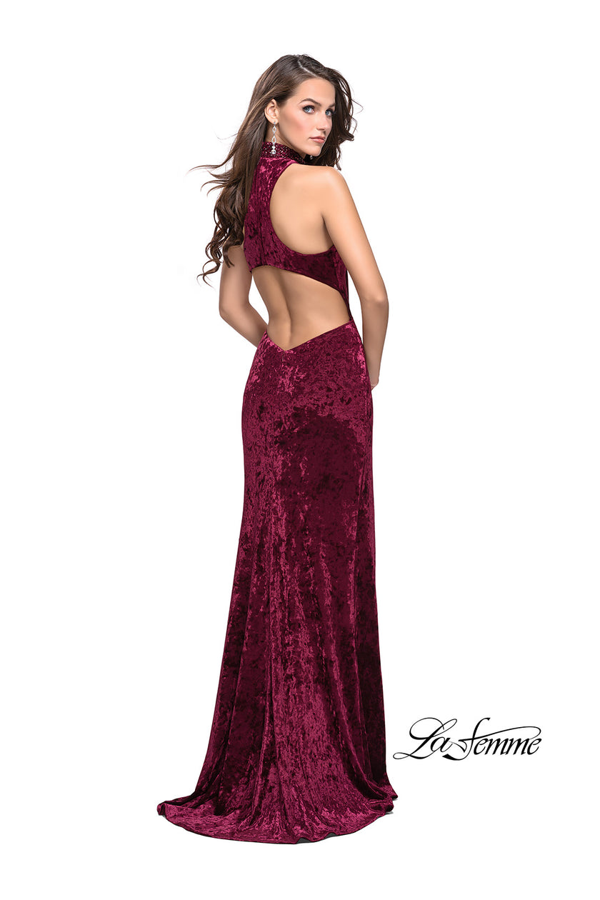 Picture of: Long Crushed Velvet Prom Dress with Beaded Choker in Burgundy, Style: 25783, Back Picture