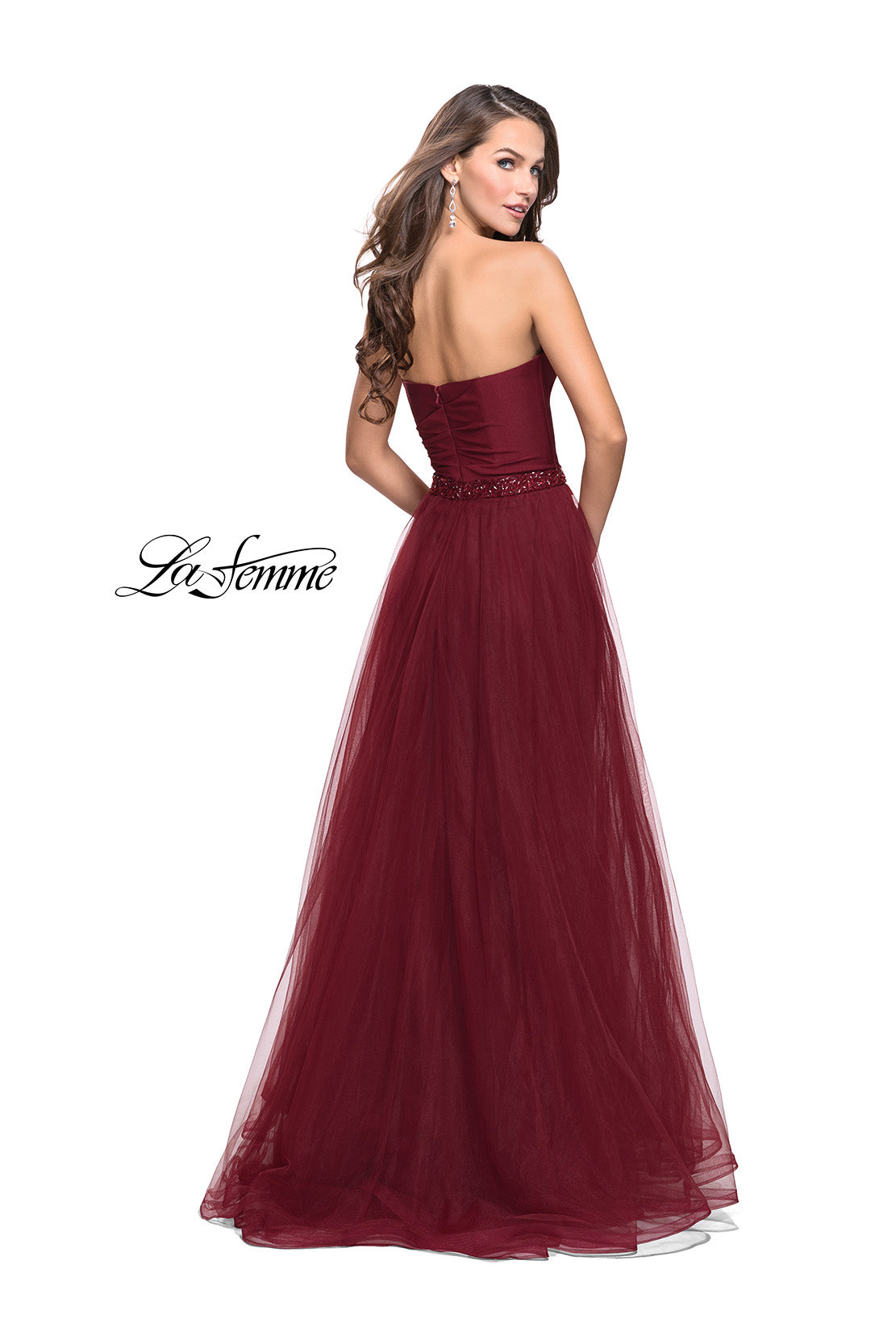 Picture of: Strapless A-line Ball Gown with Layered Tulle Skirt in Burgundy, Style: 25809, Back Picture