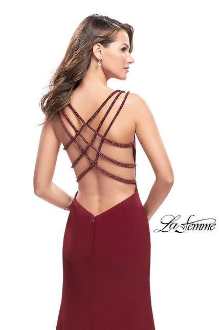 Picture of: Satin Prom Dress with Open Back and Beaded Straps in Burgundy, Style: 26167, Back Picture