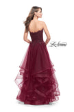 Picture of: Long Strapless Ball Gown with ruffle Tulle Skirt and Beads in Burgundy, Style: 26242, Back Picture