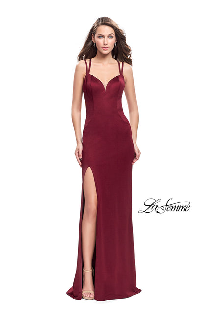 Picture of: Shimmering Prom Dress with Leg Slit and Open Back in Burgundy, Style: 26266, Back Picture