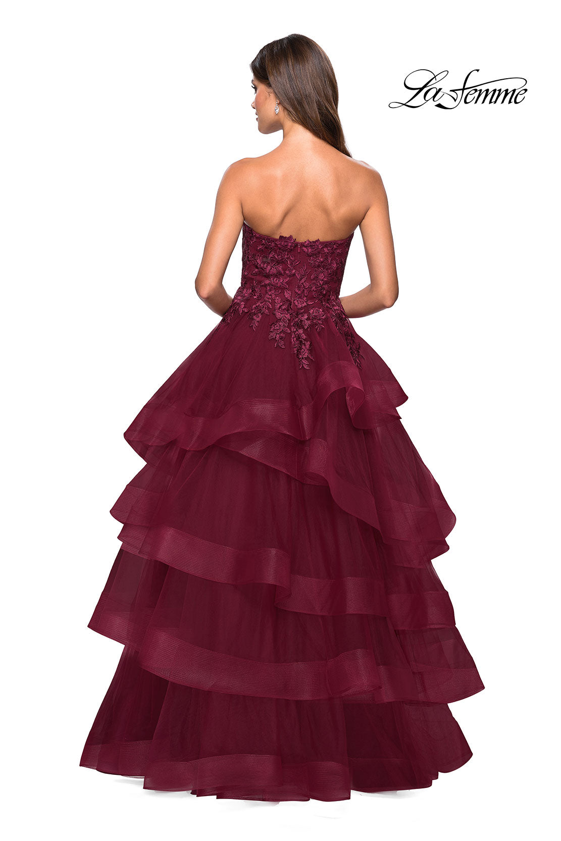 Picture of: Strapless Floor Length Layered Tulle Prom Gown in Burgundy, Style: 27291, Back Picture