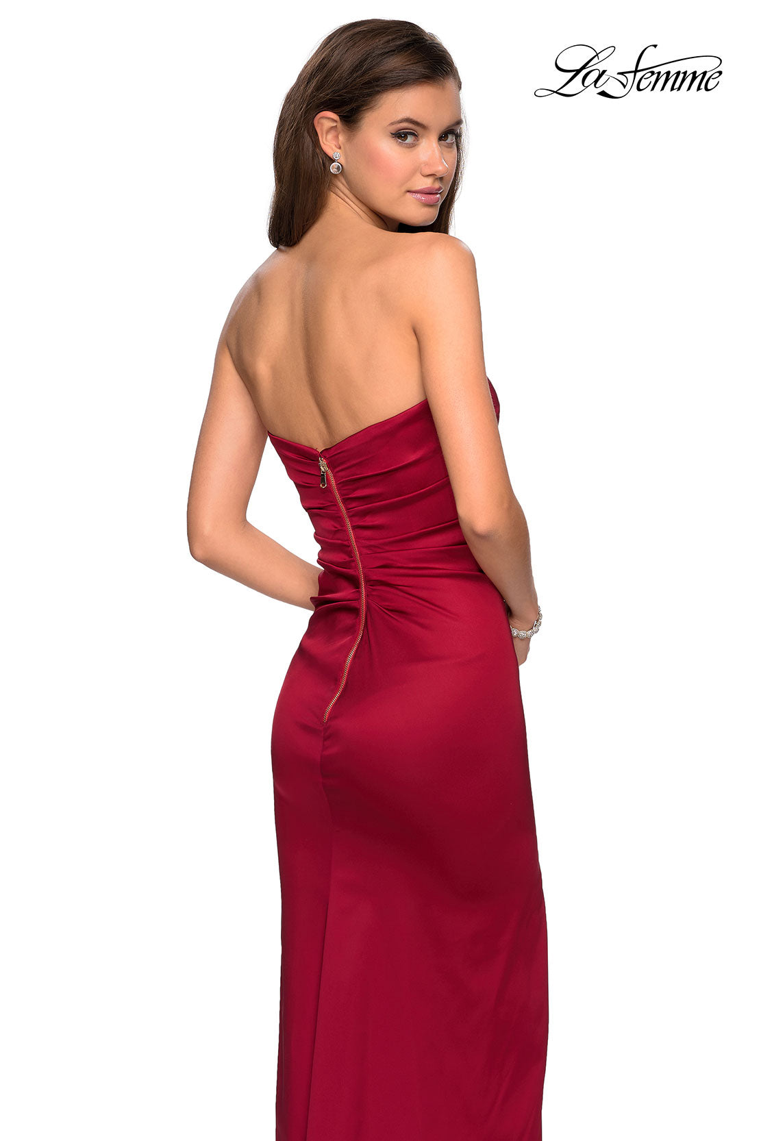 Picture of: Strapless Form Fitting Satin Dress with Side Leg Slit in Burgundy, Style: 27787, Back Picture